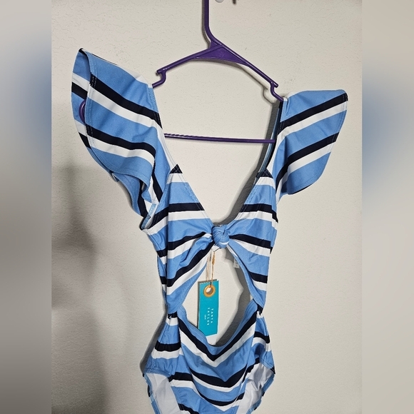 💚HP💚NWT Tanya Taylor Coraline Stripe Cutout One Piece Swimsuit Blue and White - Picture 4 of 16